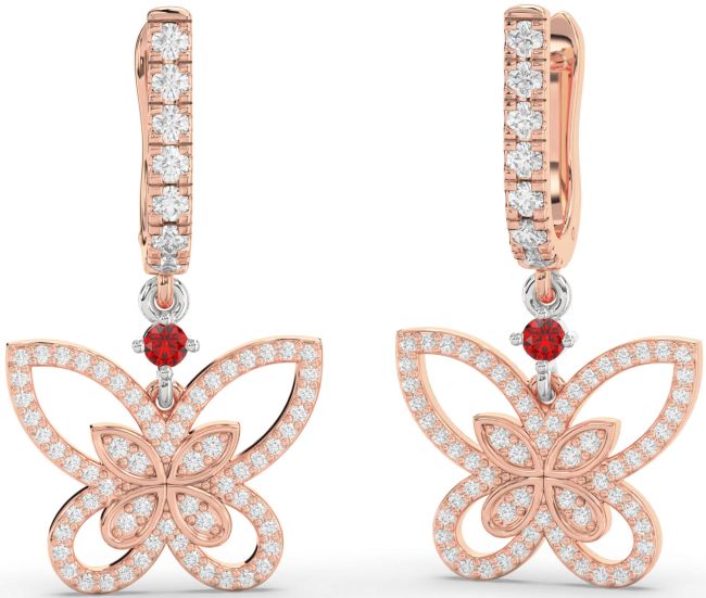Diamond Ruby Platinum & Rose Gold Butterfly Dangle Earrings