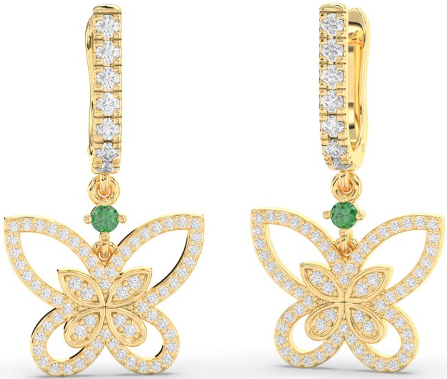 Diamond Emerald Gold Butterfly Dangle Earrings