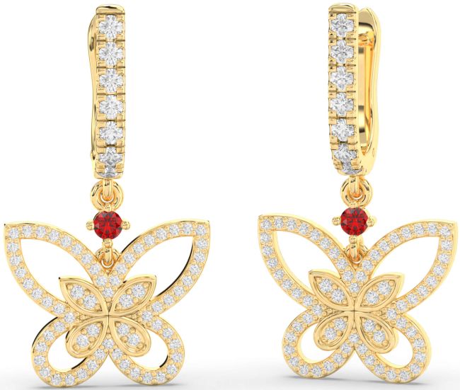 Diamond Ruby Gold Butterfly Dangle Earrings