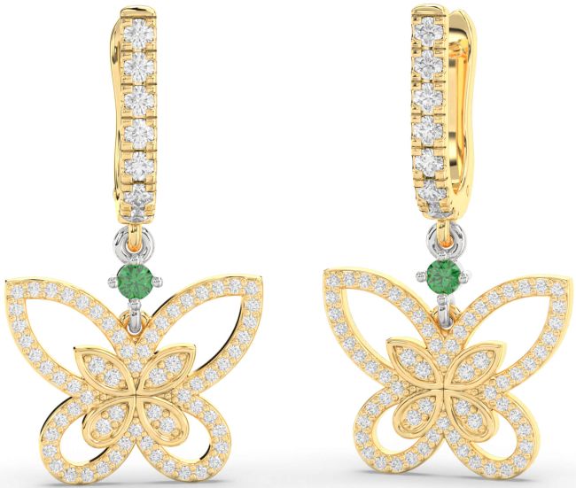 Diamond Emerald Gold Silver Butterfly Dangle Earrings