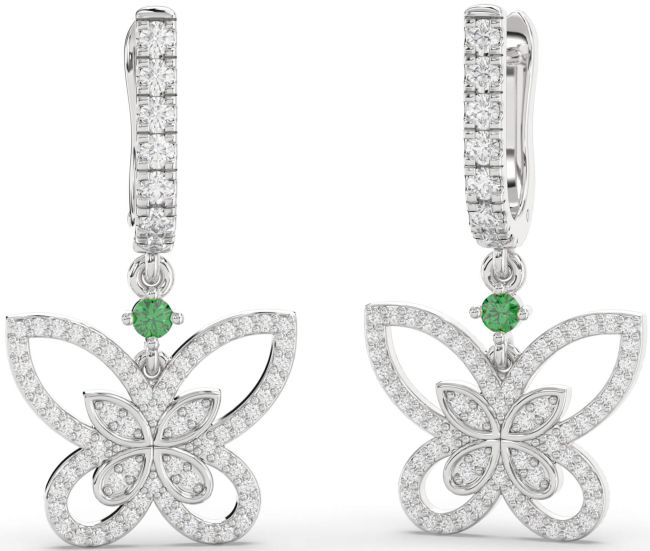Diamond Emerald White Gold Butterfly Dangle Earrings