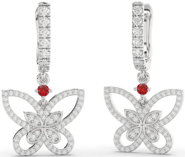 Diamond Ruby White Gold Butterfly Dangle Earrings