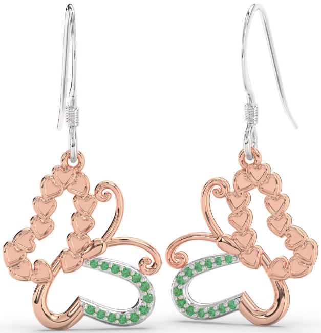 Emerald Platinum & Rose Gold Butterfly Dangle Earrings