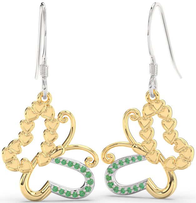 Emerald Gold Silver Butterfly Dangle Earrings