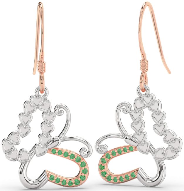 Emerald White Rose Gold Butterfly Dangle Earrings