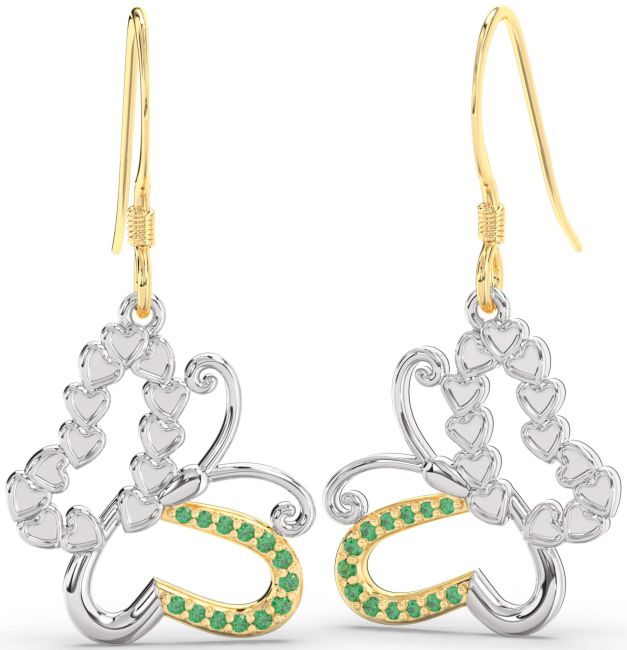 Emerald Gold Silver Butterfly Dangle Earrings