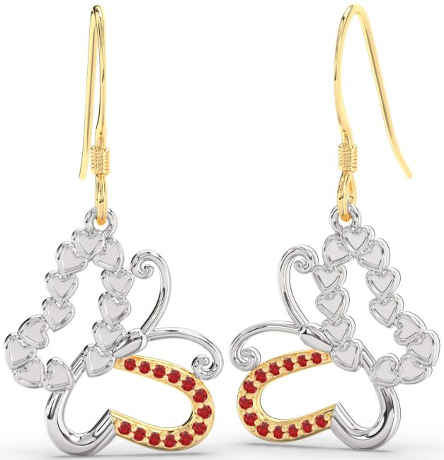 Ruby White Yellow Gold Butterfly Dangle Earrings