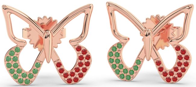 Emerald & Ruby Rose Gold Butterfly Stud Earrings