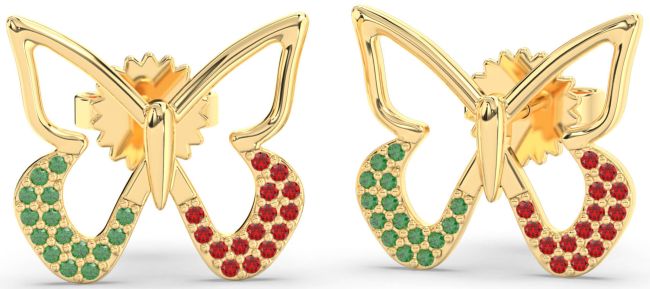 Emerald & Ruby Gold Butterfly Stud Earrings