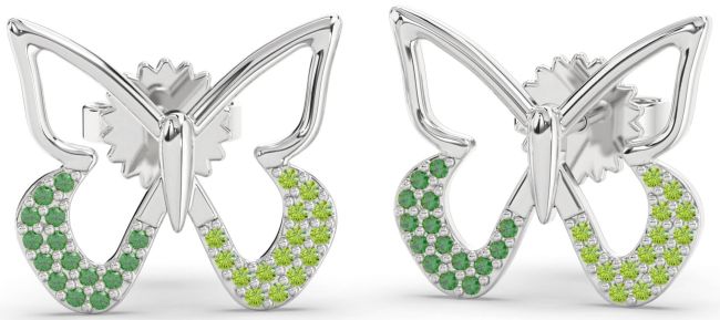 Emerald & Peridot Platinum Butterfly Stud Earrings