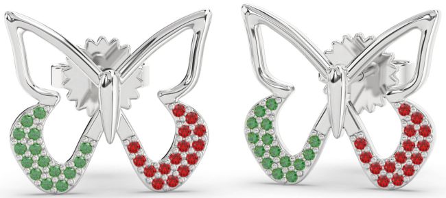 Emerald & Ruby Platinum Butterfly Stud Earrings