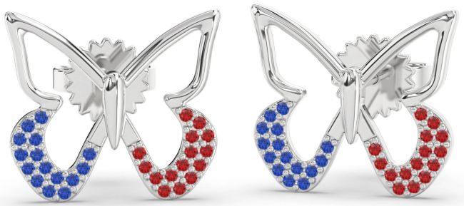 Blue Sapphire & Ruby Platinum Butterfly Stud Earrings