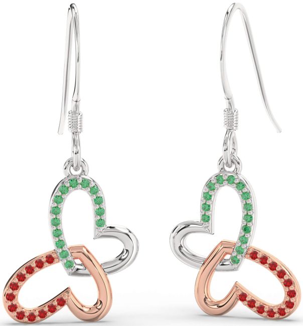 Emerald & Ruby Platinum & Rose Gold Butterfly Heart Interlock Dangle Earrings