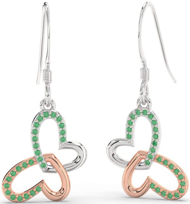 Emerald White Rose Gold Butterfly Heart Interlock Dangle Earrings