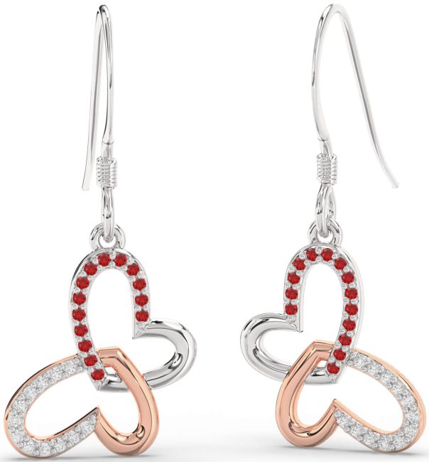Diamond & Ruby Silver & 10K Rose Gold Butterfly Heart Interlock Dangle Earrings