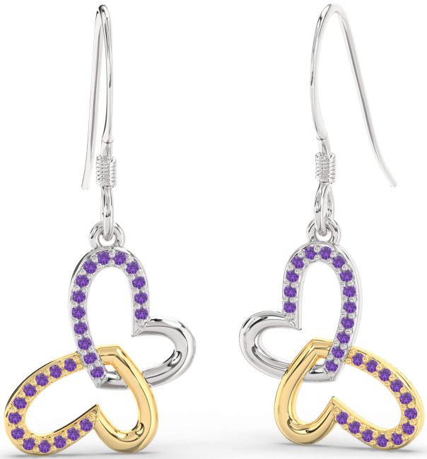 Amethyst Gold Silver Butterfly Heart Interlock Dangle Earrings