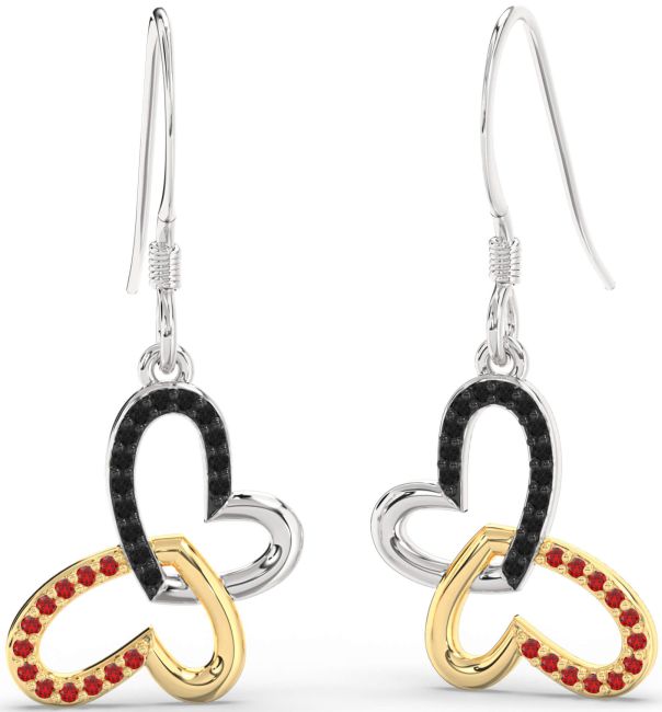 Black Diamond & Ruby Platinum & Yellow Gold Butterfly Heart Interlock Dangle Earrings