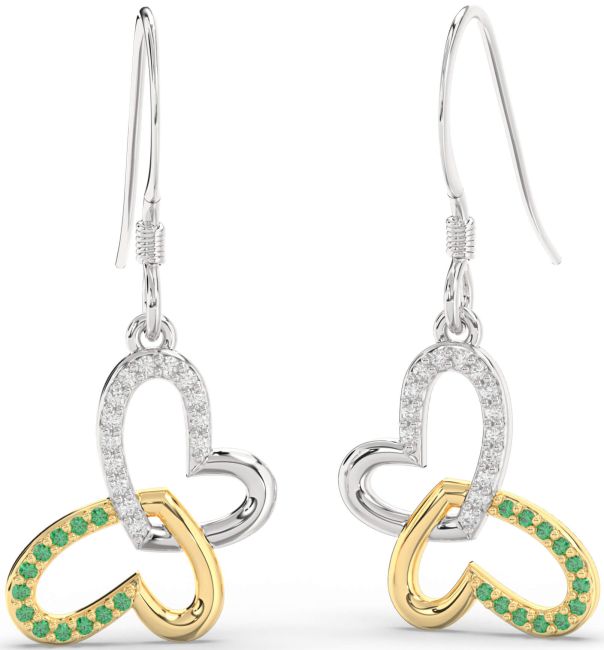 Emerald & Diamond Gold Silver Butterfly Heart Interlock Dangle Earrings
