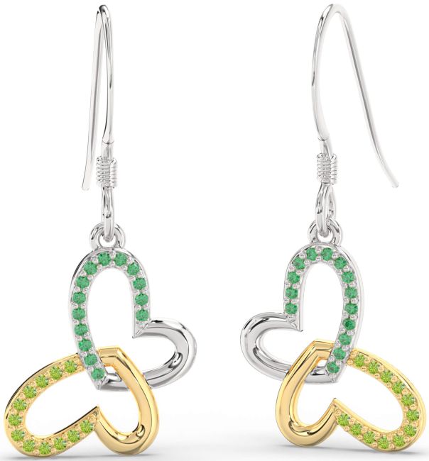 Emerald & Peridot Platinum & Yellow Gold Butterfly Heart Interlock Dangle Earrings