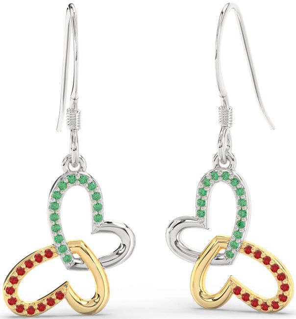 Emerald & Ruby Gold Silver Butterfly Heart Interlock Dangle Earrings