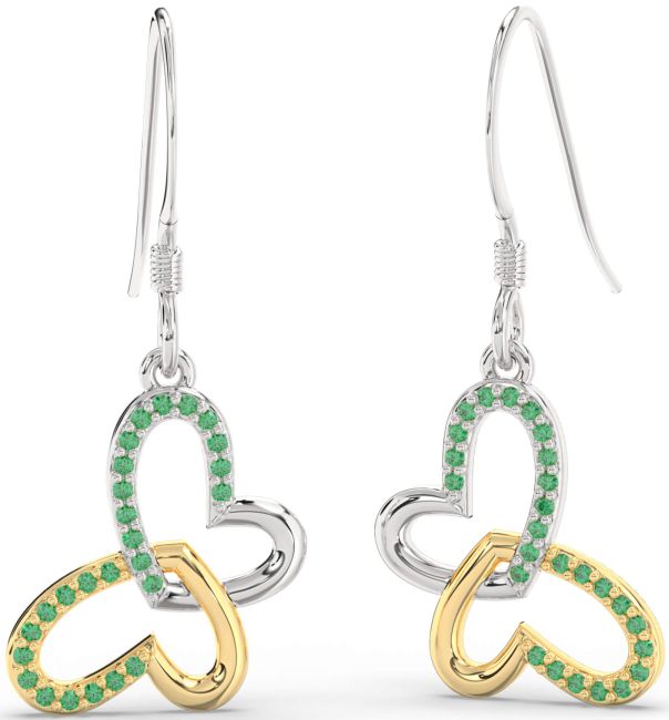 Emerald White Yellow Gold Butterfly Heart Interlock Dangle Earrings