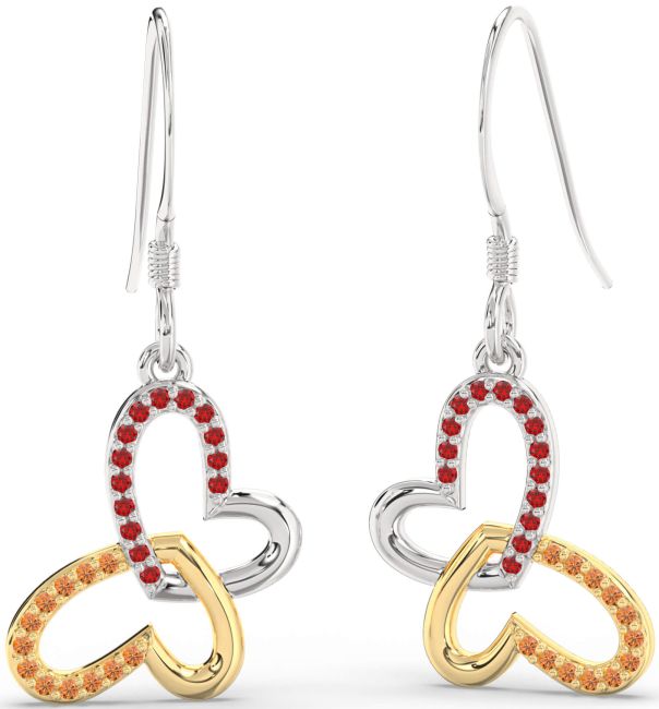 Ruby & Citrine Platinum & Yellow Gold Butterfly Heart Interlock Dangle Earrings