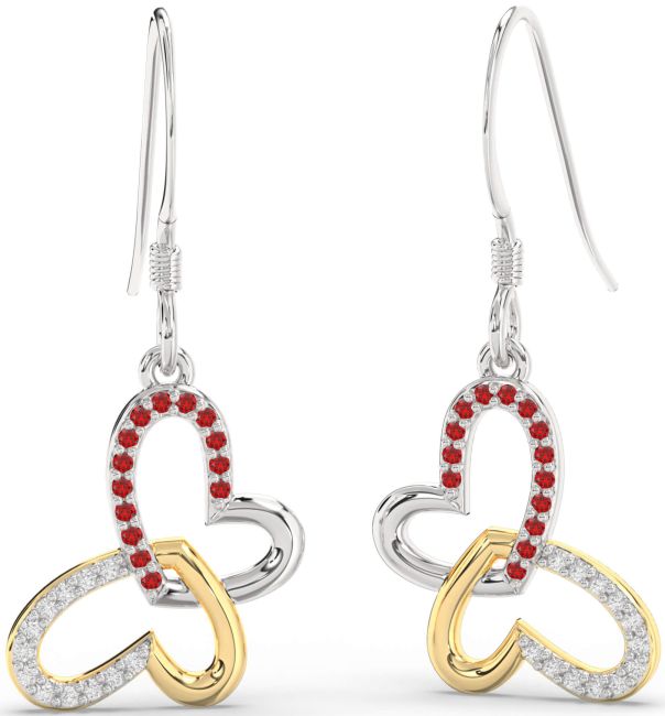 Diamond & Ruby Silver & 10K gold Butterfly Heart Interlock Dangle Earrings