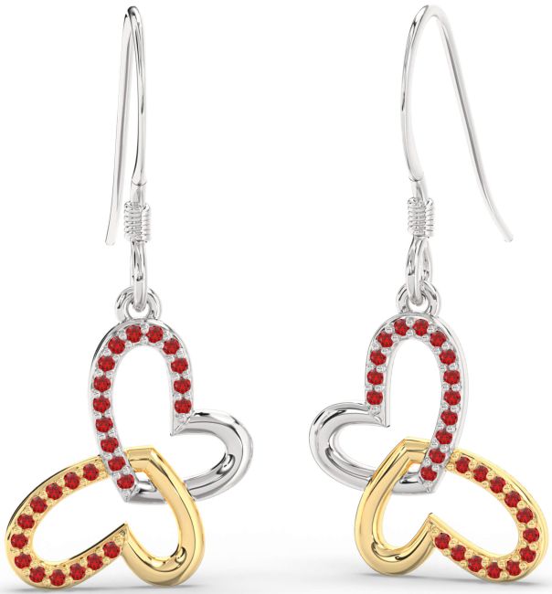 Ruby Gold Silver Butterfly Heart Interlock Dangle Earrings