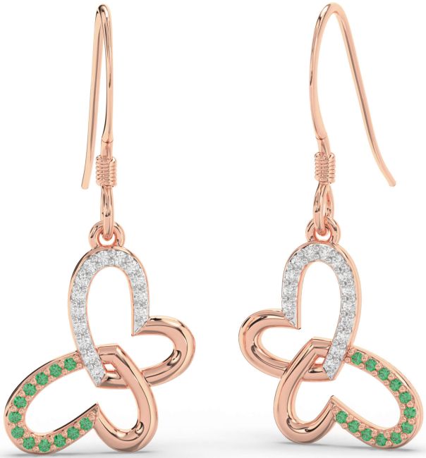 Emerald & Diamond Rose Gold Butterfly Heart Interlock Dangle Earrings