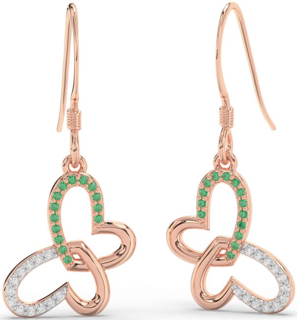 Diamond & Emerald Rose Gold Butterfly Heart Interlock Dangle Earrings
