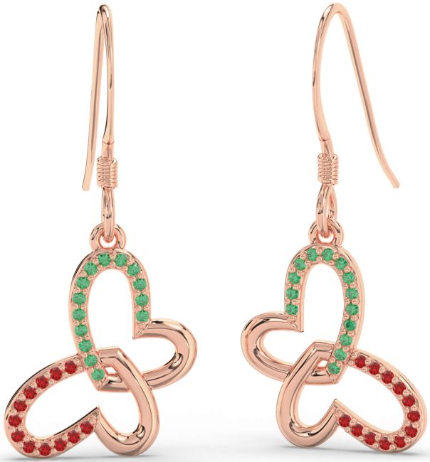 Emerald & Ruby Rose Gold Butterfly Heart Interlock Dangle Earrings