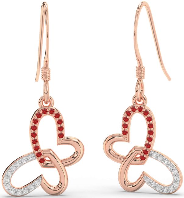 Diamond & Ruby Rose Gold Butterfly Heart Interlock Dangle Earrings