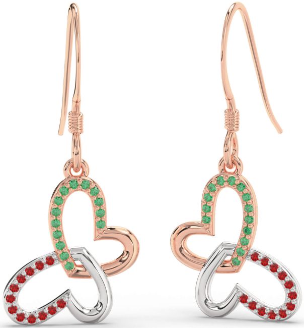 Emerald & Ruby Rose Gold Silver Butterfly Heart Interlock Dangle Earrings