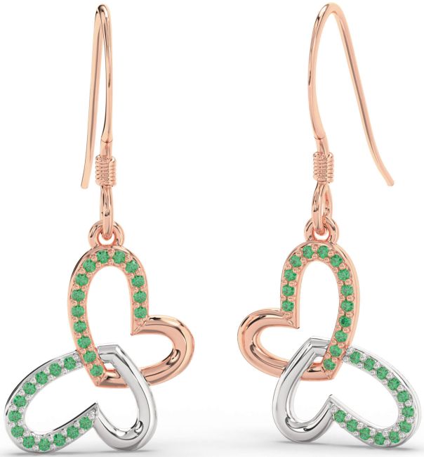 Emerald Platinum & Rose Gold Butterfly Heart Interlock Dangle Earrings