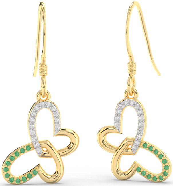 Emerald & Diamond Gold Silver Butterfly Heart Interlock Dangle Earrings