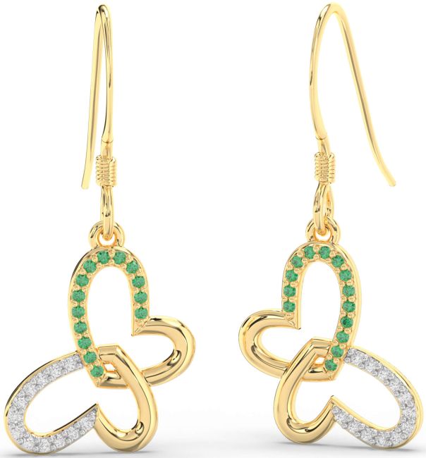 Diamond & Emerald Gold Butterfly Heart Interlock Dangle Earrings