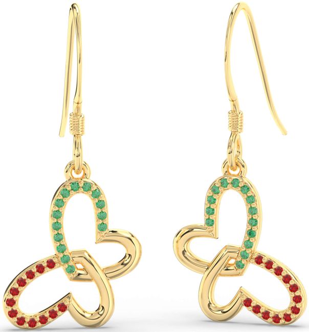 Emerald & Ruby Gold Butterfly Heart Interlock Dangle Earrings