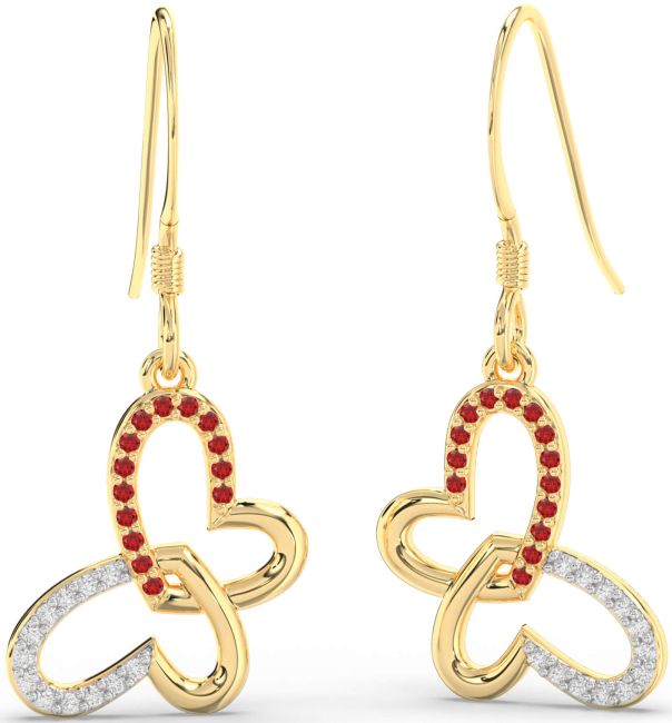 Diamond & Ruby Gold Silver Butterfly Heart Interlock Dangle Earrings