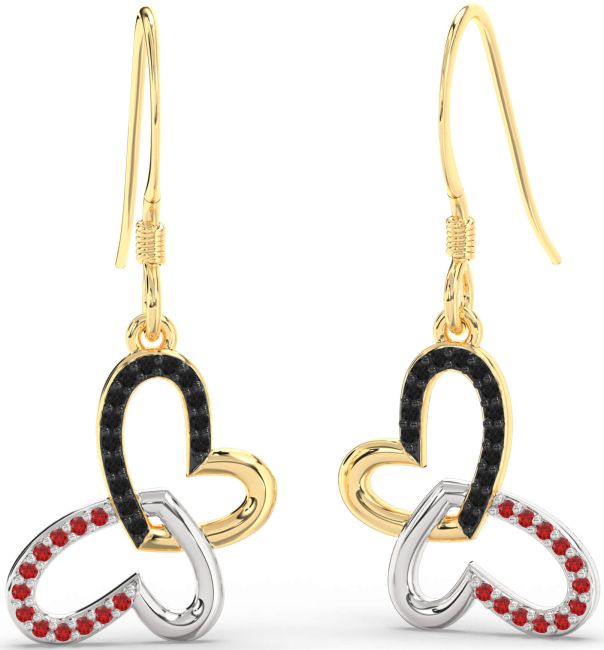 Black Diamond & Ruby Gold Silver Butterfly Heart Interlock Dangle Earrings