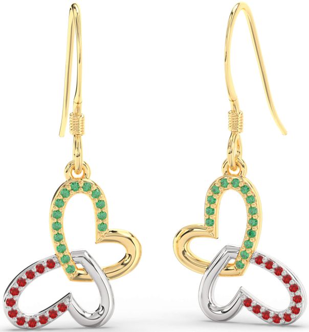 Emerald & Ruby Gold Silver Butterfly Heart Interlock Dangle Earrings