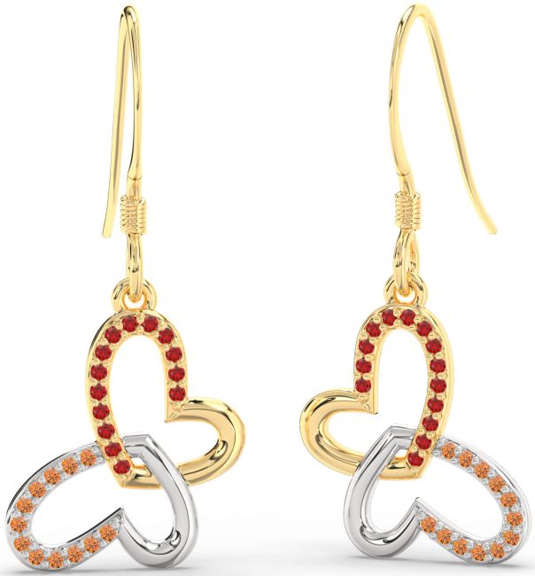 Ruby & Citrine Gold Silver Butterfly Heart Interlock Dangle Earrings
