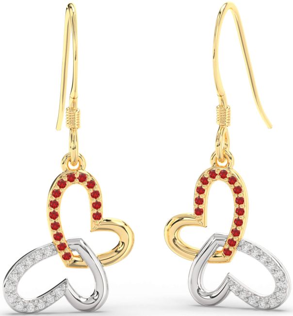 Diamond & Ruby Gold Silver Butterfly Heart Interlock Dangle Earrings