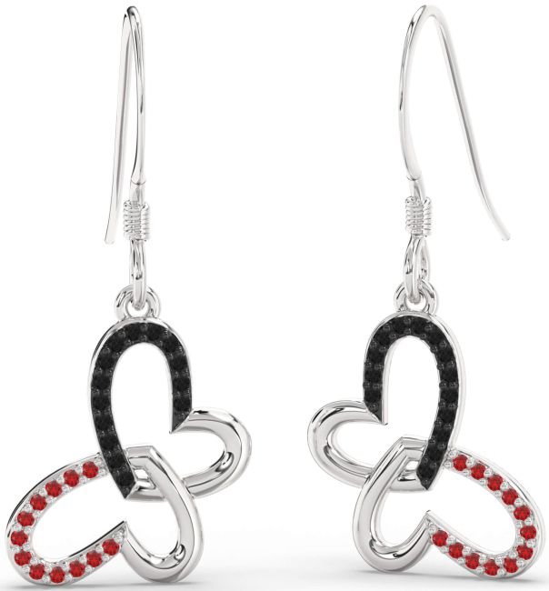 Black Diamond & Ruby Platinum Butterfly Heart Interlock Dangle Earrings