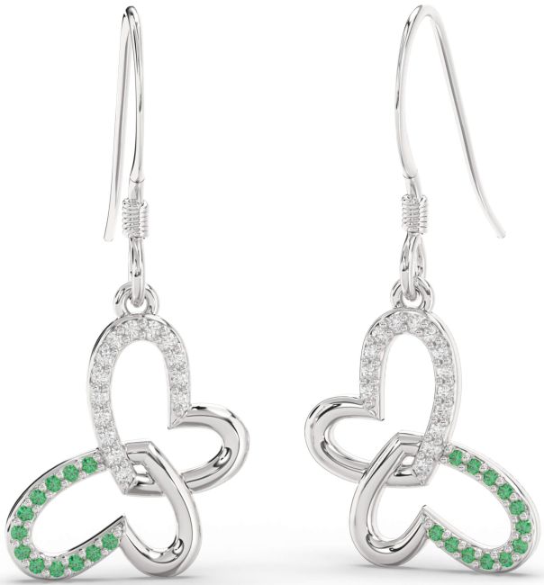 Emerald & Diamond Silver Butterfly Heart Interlock Dangle Earrings