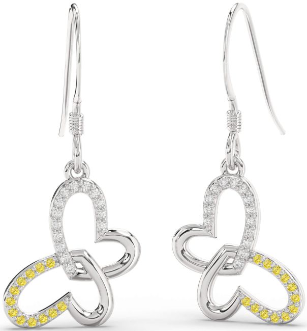 Yellow Diamond Silver Butterfly Heart Interlock Dangle Earrings