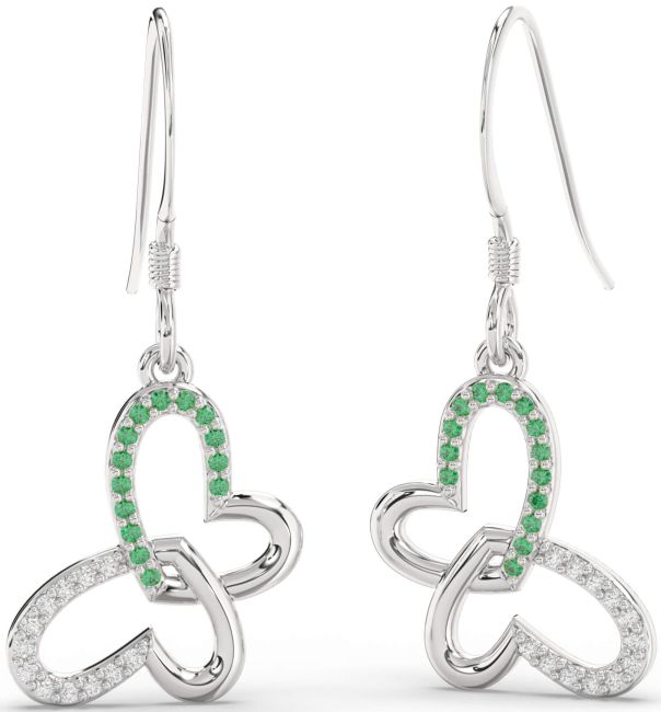 Diamond & Emerald Silver Butterfly Heart Interlock Dangle Earrings