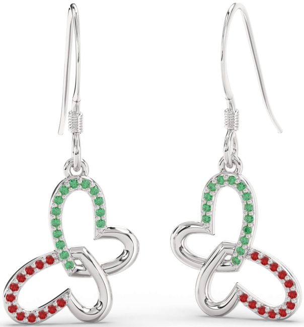 Emerald & Ruby White Gold Butterfly Heart Interlock Dangle Earrings