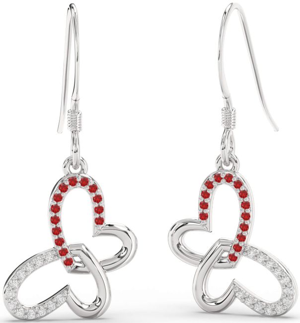 Diamond & Ruby Platinum Butterfly Heart Interlock Dangle Earrings