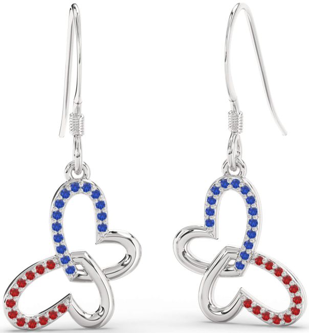 Blue Sapphire & Ruby Silver Butterfly Heart Interlock Dangle Earrings