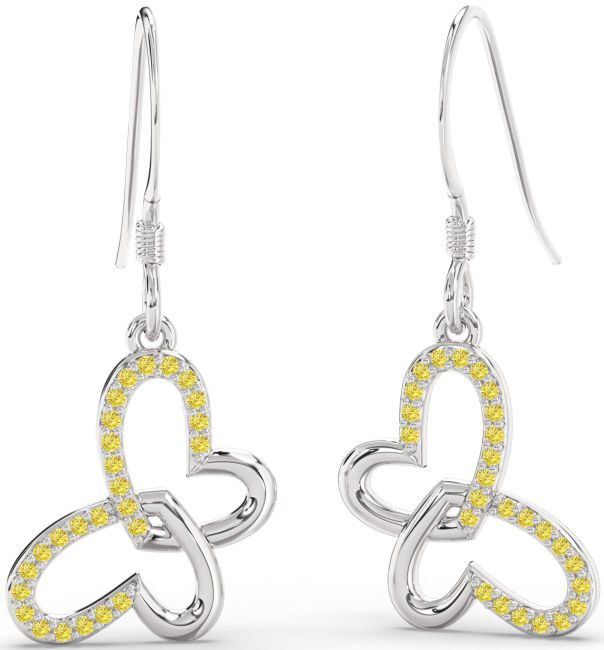 Yellow Diamond Platinum Butterfly Heart Interlock Dangle Earrings